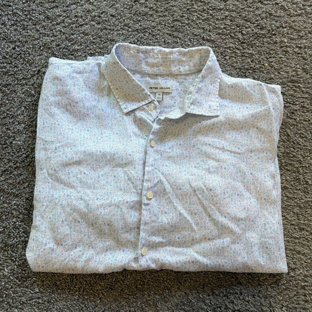 Peter Millar Cocktail AOP Print 100% Linen Button Polo Shirt White Mens Size XL